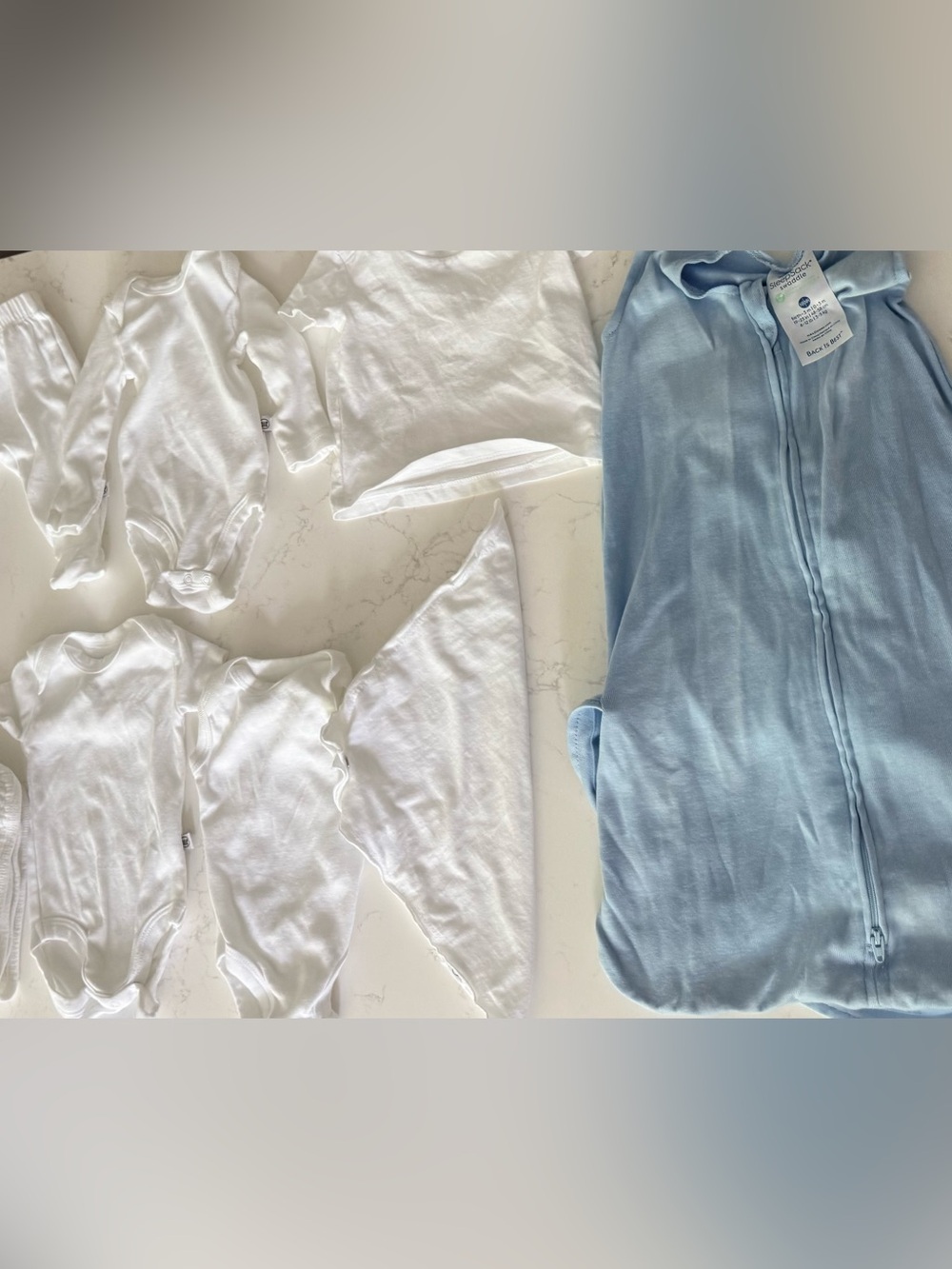 Neutral White Baby Essentials Set - Onesies, Pants & Muslin Blanket & Halo Wrap